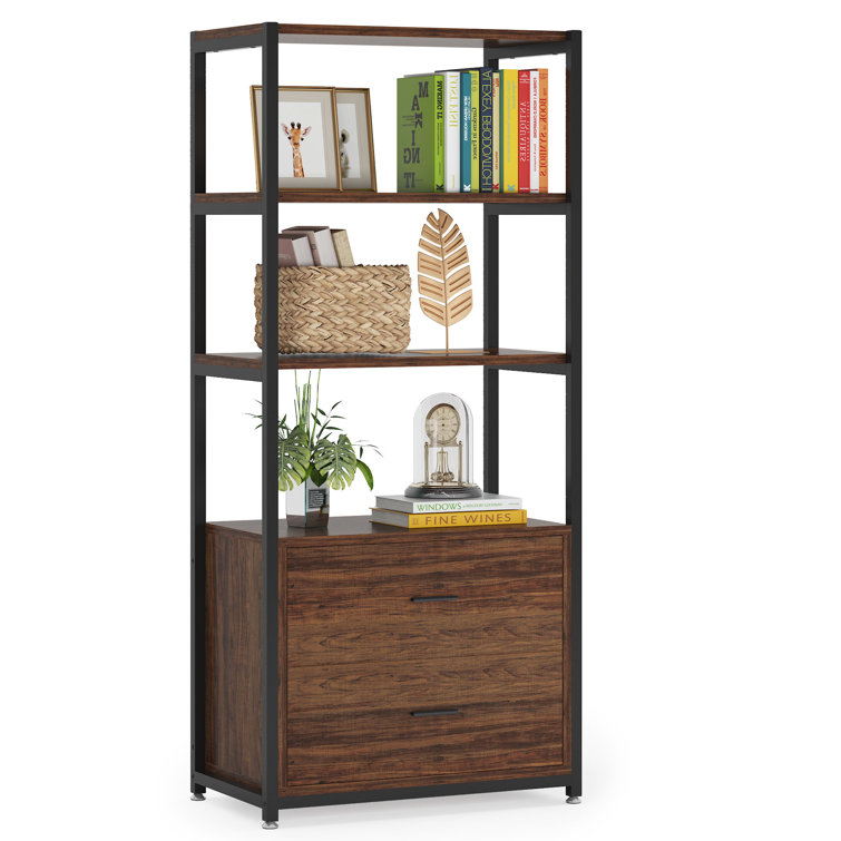Latitude Run Bookcase 4 Tier White Bookshelf With 2 Drawers